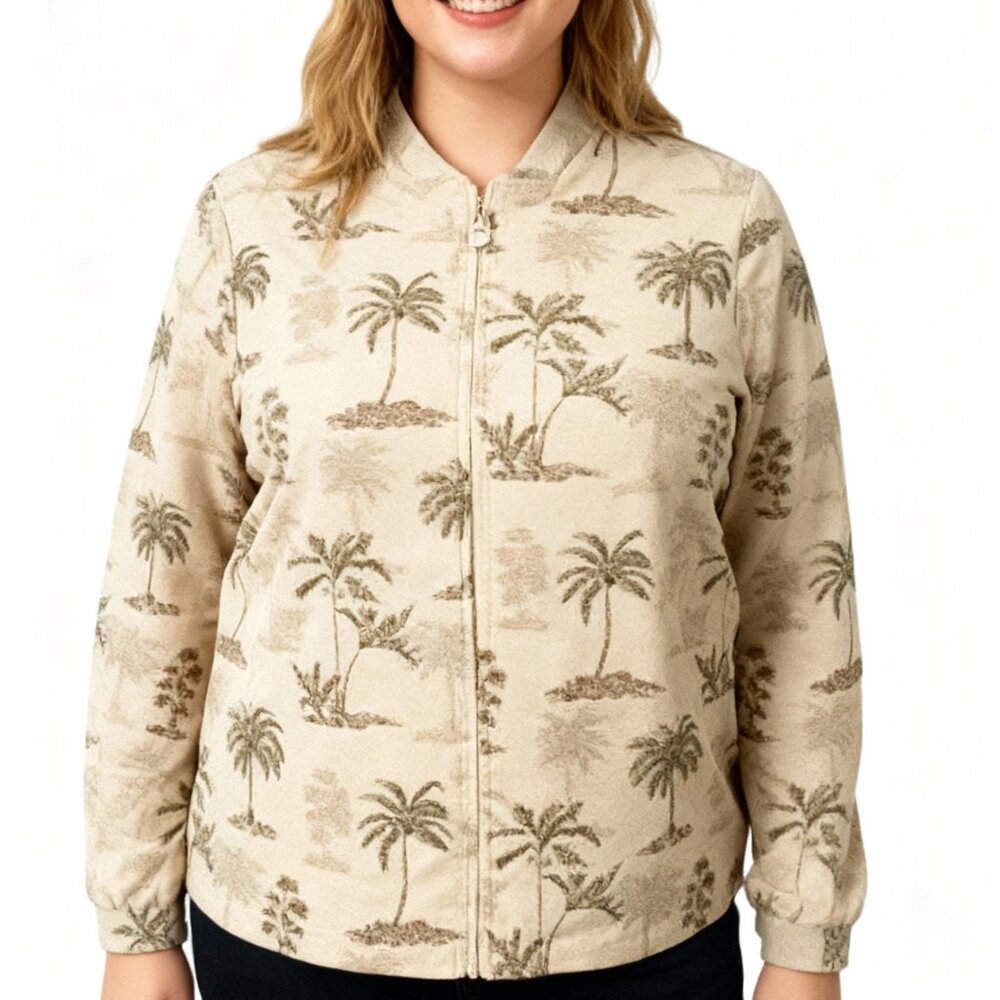 Preswick & Moore Women's Tan Palm Tree Print Front Zip Shacket Jacket Size M